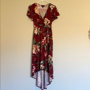 High-low Wrap, Burgundy Flower-print Midi Dress